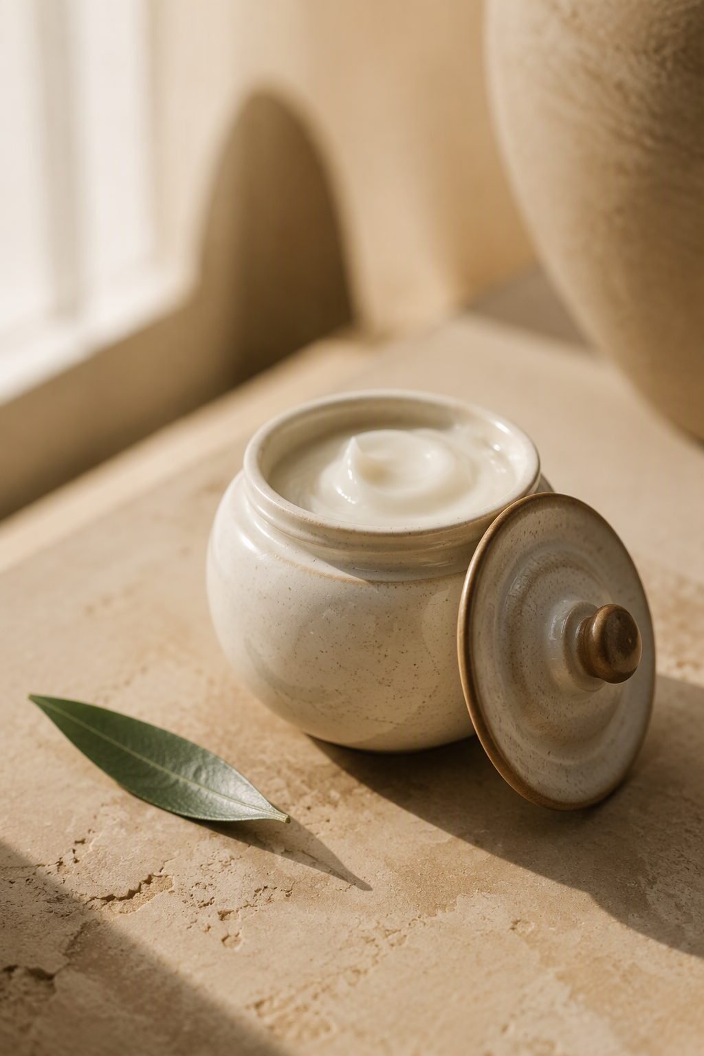 Tarro de cerámica con crema facial blanca y su tapa sobre piedra beige, con una hoja verde.
