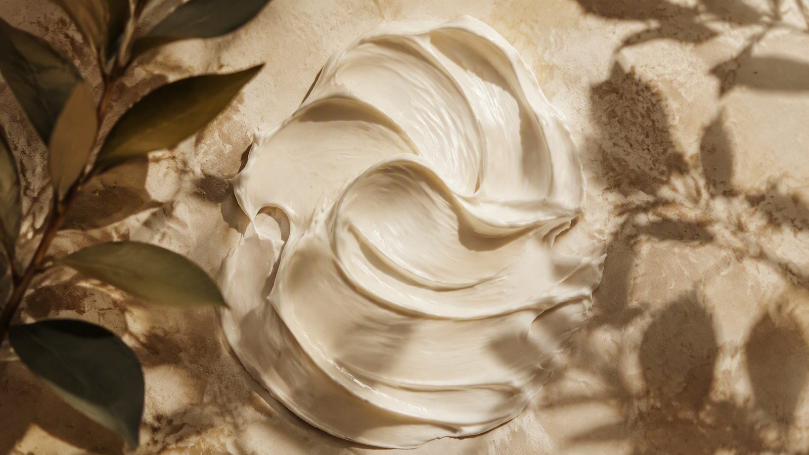 Macro de una textura de crema facial sobre piedra beige con sombras de hojas.